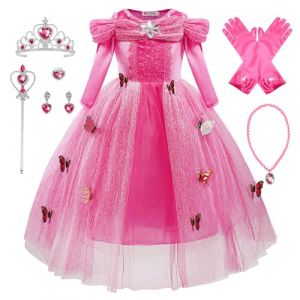 Monissy Princesse Elsa Robe Costume Reine des Neiges Rose 2 Dentelle Manche Longue Tulle Brillant Papillon Diad&egrave;me Perruque Gant Baguette D&eacute;guisement Halloween Anniversaire,Rose 2,130 (Monissy, neuf)