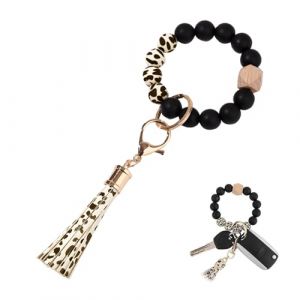 Porte Clef Femme, Porte-cl&eacute;s Bracelet Voiture Femme 1 pi&egrave;ce, Avec Pampilles pendentif Et de bois Perles Rondes Motif L&eacute;opard Porte Cl&eacute; Pompon Pour Femmes Et Filles taille unique style boh&egrave;me (Zhixuxuekeji, neuf)