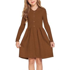 Flypigs Robe d&eacute;contract&eacute;e pour Fille - Robe de f&ecirc;te &agrave; Manches Longues - Automne Hiver - Robe tricot&eacute;e - Robe Patineuse Unie - Robe de soir&eacute;e &eacute;l&eacute;gante - Marron - 10-11 Ans - 140 (Arshiner Store, neuf)