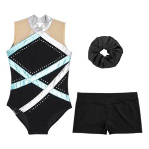 Oyolan Enfant Fille Justaucorps Gymnastique et Short Danse Patinage Artistique Gym Tenue Entraînement Costume Spectacle Performance 3-16 Ans C Bleu vert 13-14 ans (Oyolan EU, neuf)