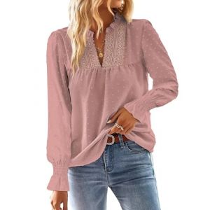 TUUHAW Top Femme Chic et &Eacute;l&eacute;gant Automne Boh&egrave;me Manches Longues &agrave; Volants Dentelle Col en V Tunique &agrave; Point Suisse T-Shirt Chemise Mousseline Hauts Fluide Blouses Loose Rose XS (TROFANO, neuf)