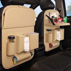 Organisateur Voiture Enfant, Protecteur Arri&egrave;re de Si&egrave;ge Auto avec Plateau Pliable, Cuir PU Imperm&eacute;abl Protection Siege Voiture Enfant, avec 4 Poches, Tablette Transparent Poches (Beige) (surnamei, neuf)