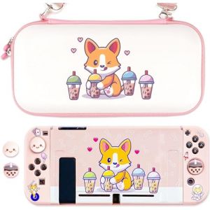 BelugaDesign Corgi Boba Switch Bundle | &Eacute;tui de transport mignon avec poign&eacute;es de pouce compatible avec Nintendo Switch | Animal Dog Bubble Tea (Switch standard, rose) (UKS INVESTMENTS, neuf)