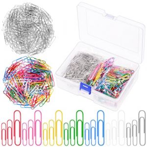 Glarks Lot de 900 trombones argent&eacute;s de 2,8 cm, 3,3 cm, 5,1 cm et 5,1 cm et de couleurs m&eacute;lang&eacute;es, grands trombones avec une bo&icirc;te de rangement pour papiers, bureau, &eacute;cole et usage personnel (GIEMOR, neuf)