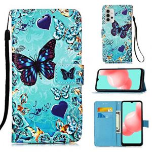 NiaCoCo Coque pour Samsung Galaxy A32 5G Housse Image 3D Etui en Cuir PU Portefeuille Coque Fente Carte Fermeture Magn&eacute;tique Flip B&eacute;quille+Protecteur D'&eacute;cran 1 PCS (Papillon) (NiaCoCo, neuf)