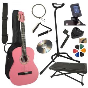 AMROVA Pack Guitare Classique 1/2 Enfant (6 à 8 ans) Support Guitare + Repose Pied + 9 Accessoires Cour Vidéo et CD (Rose, 1/2, Droit) (Amrova FR, neuf)