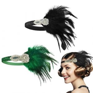 Bandeau Gatsby Femme Annee 20, 2pcs Feather Plume pour Cheveux Strass Gatsby Femme Vintage 1920s Bandeau de Plumes Carnaval Ann&eacute;es 1920 Femmes V&ecirc;tements Accessoires de Soir&eacute;e (Noir+Vert, 26cm) (AffeGifts FR, neuf)