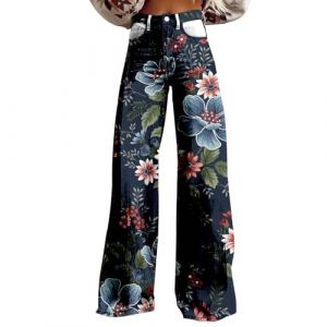 G&eacute;n&eacute;rique Pantalon Patte D'Elephant Femme Jean Sarouel Pantalon &agrave; Jambes Larges pour Femmes,imprim&eacute; Floral Vintage,Taille Haute,Droit,Extensible,avec Poches Cargo Femme Beige (Navy,XL) (HYLLHM, neuf)