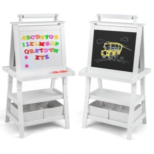 GOPLUS Tableau Enfant Double Face, Chevalet Enfant avec Tableau Blanc/Noir Magn&eacute;tique Effacable, Rouleau de Papier 2 Bo&icirc;tes de Rangement, pour 3+ Ans (Blanc) (Augenstern24, neuf)