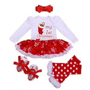 Winmany Nouveau-né bébé Filles noël Barboteuse Tutu Robe Tenue Bandeau jambière Chaussures Ensemble (Chaussures de Noël, 3-6 Mois) (winmany, neuf)
