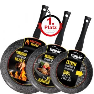 STONELINE Ceramic Lot de 3 Po&ecirc;les 20/24/28 cm, adapt&eacute;e &agrave; l'Induction, Rev&ecirc;tement Antiadh&eacute;sif avec de Vraies Particules de Pierre, Cuire, R&ocirc;tir et Mijoter sans Huile ni Graisse, Noir (WARIMEX GmbH, neuf)