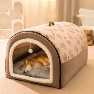 Niche 2 en 1 pour chien avec coussin anti-anxiété doux et chaud, niche apaisante pliable, lit igloo antidérapant pour chiens et chats, amovible et lavable (M : 50 x 40 x 35 cm, marron) (Monba, neuf)