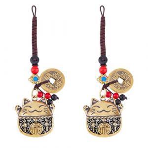 SUPERFINDINGS 2 Porte Cl&eacute;s Maneki Neko Porte Bonheur &agrave; Suspendre en Forme de Chat Porte Bonheur Chinois avec Cinq Empereurs Argent Feng Shui Longueur 12.5cm (SUPERFINDINGS  FR, neuf)