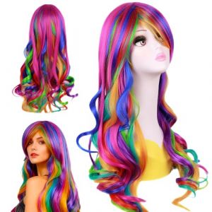 &Eacute;l&eacute;gant longue perruque arc-en-ciel ondul&eacute;, Perruque multicolore longue et boucl&eacute;e 27 Pouces/70Cm, Perruque arc en ciel pour femmes, Perru-que arc-en-ciel ondul&eacute;e, pour femmes et filles, Cosplay (YuLing-EU, neuf)