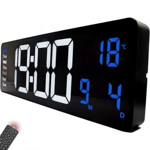 Opis Clock 1 XL: Grande Horloge Numérique Murale LED, Digitale Géante Lumineuse avec Température, Date, Alarme, Chrono | Pendule Murale Moderne pour Cuisine, Gym, Bureau en Bleu (Opis Technology, neuf)