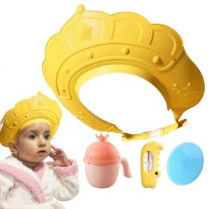 Chapeau de douche pour, chapeau de shampoing pour, Visière de bain avec jauge de température de l'eau et tasse à shampoing, Bonnet de shampoing avec brosse à shampoing, protège les oreilles (fiutant, neuf)