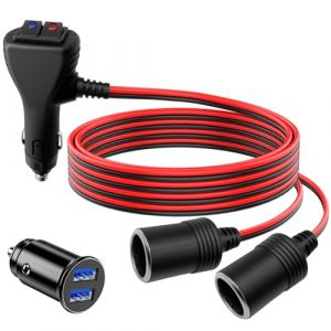 Hoembpn Répartiteur de Rallonge Allume-Cigare, 1 à 2 Prises Allume Cigare de Voiture avec Interrupteurs Indépendants 12V/24V Adaptateur Double Prise Rallonge 1M + Double Chargeur de Voiture USB (YGL Seller UK, neuf)