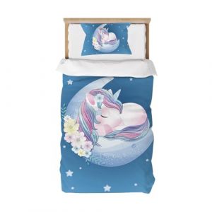 Caregchrisj Licorne Housse de Couette 120x150cm Enfant Fille, Bleu Parure de Lit 1 Personne en Microfibre - Parure de Couette avec Fermeture Eclair + 1Taie d'oreiller 40x60cm. (Kesiruiyu, neuf)