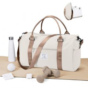 WEPLAN Sac de Sport Femme Homme Sac de Gym Léger Sac de Voyage avec Compartiment de Chaussures et Poche Humide Sacs de Sport Fitness Gym Duffle Bag Sac de Week-end Sac Polochon Piscine,Beige et Marron (ENWEN, neuf)
