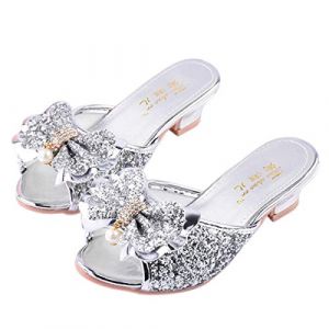 Monissy Sandale à Talon Haut Mules Bouche de Poisson Argenté Paillette Noeuds Métal Crystal Incrusté Perle Fille Princesse Déguisement Chaussures de Danse Noël Halloween, Argent, 29 EU (Monissy, neuf)