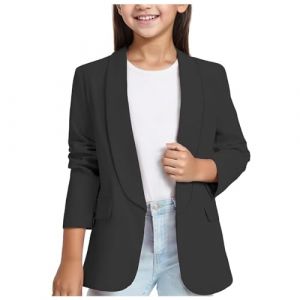Veste de costume pour fille à manches longues blazer élégant avec col châle ouverture sur le devant poche intérieure veste habillée pour enfants tunique noire pour cérémonie école (Black, 11-12 Years) (AncientCrab, neuf)