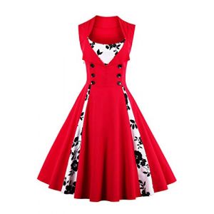 AXOE Robe Femme Vintage Ann&eacute;es 50 en Coton Extensible Robe de Cocktail Chic et &Eacute;l&eacute;gante Mariage, Soir&eacute;e, Guinguette&agrave; Fleurs Rouge, Taill 48, 3XL (AXOE-FR, neuf)