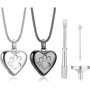 Milacolato 2 Pièces Bijoux Crémation pour Animaux Compagnie pour Cendres Pendentif Empreinte Patte Animal Coeur Urne Collier Souvenir Bijoux de Compagnie/Chien/Chat's Cendres Argent Noir (qingtxc, neuf)