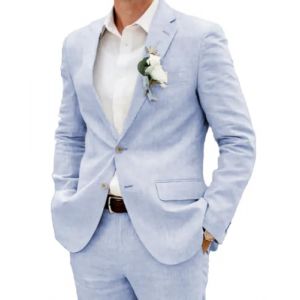 Ensemble de costume d&eacute;contract&eacute; 2 pi&egrave;ces en lin pour homme, blazer &agrave; deux boutons, veste et pantalon pour bal de fin d'ann&eacute;e, f&ecirc;te de mariage, bleu ciel, 50 (Leader of the Beauty, neuf)