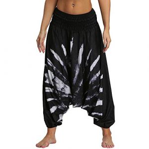 Nuofengkudu Femme Yoga Pantalon Sarouel Thailande Motif Ethnique Haute Taille Elastique Larges Sport Baggy Pants Plage(W-Noir A,Taille Unique) (better Life, neuf)