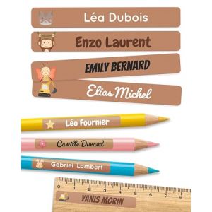 75 Étiquettes autocollantes personnalisées pour l'école - Étiquettes prénom pour crayons et matériel scolaire - Résistantes à l'eau - Marron (MELU Kids, neuf)