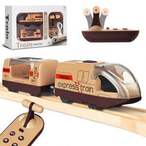 Beginreally Train &eacute;lectrique T&eacute;l&eacute;command&eacute; pour Rails en Bois, Train motoris&eacute; avec 4 Effets Sonores et Lumineux pour Les Enfants de 3 4 5+ Ans, Compatible avec Thomas,Brio,Chuggington (Brun) (Beginreally, neuf)