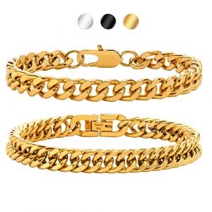 Gamtic 2Pcs Bracelet Homme Gourmette - Cha&icirc;ne Bracelet Cubaine en Acier Inoxydable, Argent/Or/Noir, 19cm/21cm/23cm, Bijoux Homme Cadeau pour Gar&ccedil;on Femme (Dor&eacute;, Centim&egrave;tres, 21.00) (Gamtic, neuf)
