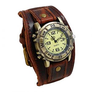 F Fityle Montre Bracelet Manchette Design R&eacute;tro Hybride en Cuir Bracelet Montre pour Homme Bracelet Montre Bande Punk, Vintage, Bracelet - Marron fonc&eacute; (Homegarden FR, neuf)