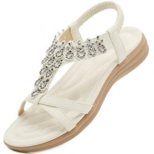 Acfoda Sandales Femme &Eacute;t&eacute; Chic Plates Confortable Boh&ecirc;me Chaussure L&eacute;ger Mules Tongs Orthop&eacute;diques Sandalette Cuir nus pieds avec Strass Blanc 39 (Nzcm, neuf)