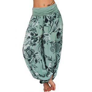 Minetom Femme Harem Pantalon Yoga Sarouel Legers Hippie Baggy Léger Ethnique Calqué Smockée Taille Haute avec Poches Été Plage Pantalon Aladin Jogging C Vert Clair M (B.W.S KIT, neuf)