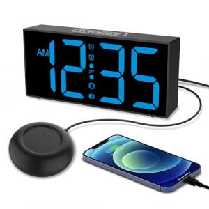 Netzu Réveil Super Puissant avec Vibreur、Réveil Vibrant pour Les Sourds, Les Gros Dormeurs et Les Personnes âgées, 7’’LED, Horloge Numérique Enfichable, Double Alarme, 4 Niveaux de Luminosité,Snooze (Jiaxan, neuf)