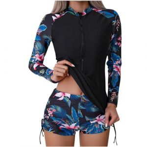 Maillots de Bain 2 Pièces Femme Rashguard Set Manches Longues Tankini Protection Solaire Anti-UV T-Shirt Top de Sport pour Vacances Surf Plage Natation Maillot de Bain Shorty Séchage Rapide (⭐⭐⭐⭐⭐AEGJEGVD⭐⭐⭐⭐⭐, neuf)