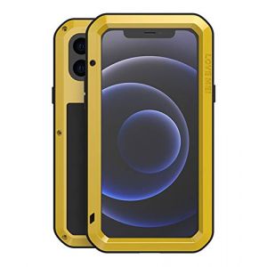 LOVE MEI pour iPhone 12 Mini Coque, Heavy Duty Robust Aluminium M&eacute;tal Coque Antichoc Anti-Drop Anti-poussi&egrave;re Hybride Bumper Cover avec Verre tremp&eacute; pour iPhone 12 Mini (5,4 Pouces) (Jaune) (YiMi store, neuf)