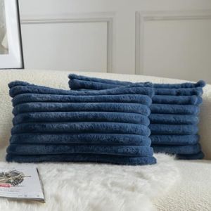 Mandioo Lot de 2 Housse de Coussin Rayures Fausse Fourrure Doux Confortable Taie d'oreiller Decoration Maison Salon Chambre pour Canapé 30X50 CM Bleu (Mandioo_eur, neuf)