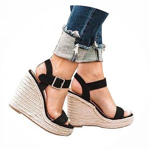 Minetom Chaussure Mode Sandale Espadrille Lanière Cheville Plateforme Bohème Femme Corde Avec De La Paille Tressé Talon Compensé C Noir 36 EU (B.W.S KIT, neuf)