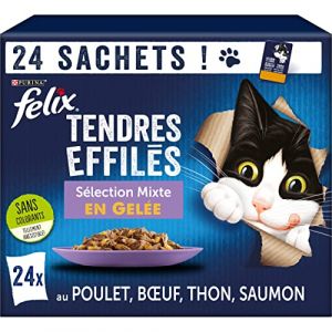 FELIX | Tendres Effilés | Chat Adulte | En Gelée | Alimentation complète | Sélection Mixte : au Bœuf, Poulet, Thon et Saumon | Sachets Fraîcheurs | Lot de 4 (24x85g) (Top-Internet-Seller, neuf)