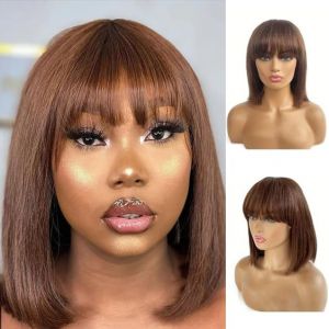 Perruque Bresilienne Cheveux Humain Naturelle Courte Bob Perruque Droite Chocolat Brown Tissage Bresilienne Perruque Femme Cheveux Humain avec frange Brun au Chocolat Bob Wig Human Hair 14 Pouces (RuiBeiSai, neuf)