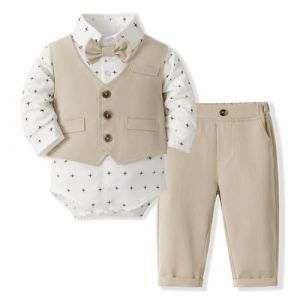 Volunboy Ensemble Costume B&eacute;b&eacute; Gar&ccedil;on Gentilhomme, Costumes Mariage Gilet Chemise Pantalon avec Noeud Papillon(Taille 66,6-9 Mois,Imprim&eacute; Kaki (Volunboy, neuf)