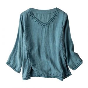 Chemisier Coton et Lin Manches Courtes pour Femme Blouses Ample Col Rond Tunique D'&eacute;t&eacute; Boh&egrave;me Folklore Vintage Broderie Top Hauts L&acirc;che Respirant T-Shirts Grande Taille Pas Cher Tunique Blouse Mode (GUnakd, neuf)