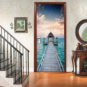 FLFK Paysage de pont en bois de mer Autocollant Porte Affiche 3D pour Cuisine Chambre Salle de Bain Auto-adh&eacute;sif Amovible Murale D&eacute;coration 85X215cm (Guanlong2010, neuf)