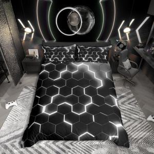 Homewish Housse de Couette 200x200 Nid d'abeille Argent Noir, Parure de Lit 2 Personnes Géométrique Néon pour Ado Adulte, Sets de Housses de Couettes Moderne Géométrie, Couvre Lit Hexagonal (Suzhou yiyanyun e-commerce Co., Ltd, neuf)