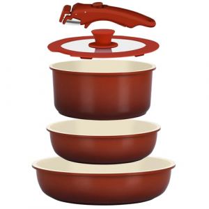 GiPP 5 Pi&egrave;ces Set de Po&ecirc;les et Casseroles Avec Rev&ecirc;tement C&eacute;ramique Antiadh&eacute;sif - Sets de Casseroles Avec Poign&eacute;es D&eacute;tachables, Sans Toxiques, Compatible Induction (D&eacute;grad&eacute; Rouge) (GiPP&reg;Direct EU, neuf)