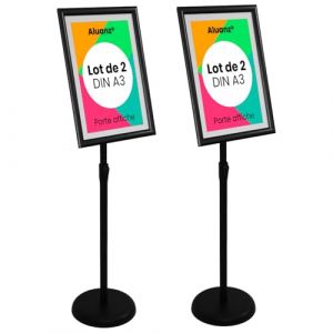 Aluanz Porte affiche A3 sur pied noir - Lot de 2 - Support d&rsquo;information, Pr&eacute;sentoir sur pied hauteur r&eacute;glable, Porte affiche en aluminium, Pr&eacute;sentoir pivotant, Pr&eacute;sentoir buffet - Hauteur 75-125 cm (DisplaySign, neuf)