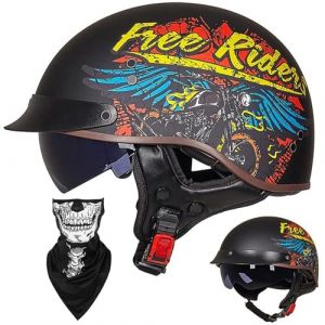 Casque Moto Demi Casque Bol Brain - Cap RéTro Harley Jet Casque Certifié ECE Cruiser Chopper Scooter Pilote Casque Lunettes IntéGréEs Unisexe Casque à DéGagement Rapide,G-L=（59~60cm） (GAOSHUXIA666, neuf)
