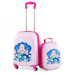 COSTWAY Valise Enfants &agrave; roulettes 16'' & Sac &agrave; Dos 12'' avec Poign&eacute;e T&eacute;lescopique, Bagage Enfants avec 4 Roues Rotatives Motif Vifs, Lot de 2 Valise pour Fille Gar&ccedil;on (Rose Sir&egrave;ne) (FDS GmbH, neuf)